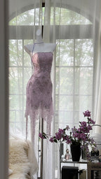 Sexy Purple Lace Tube Top Beaded Earrings Curled Skirt Prom Dresses