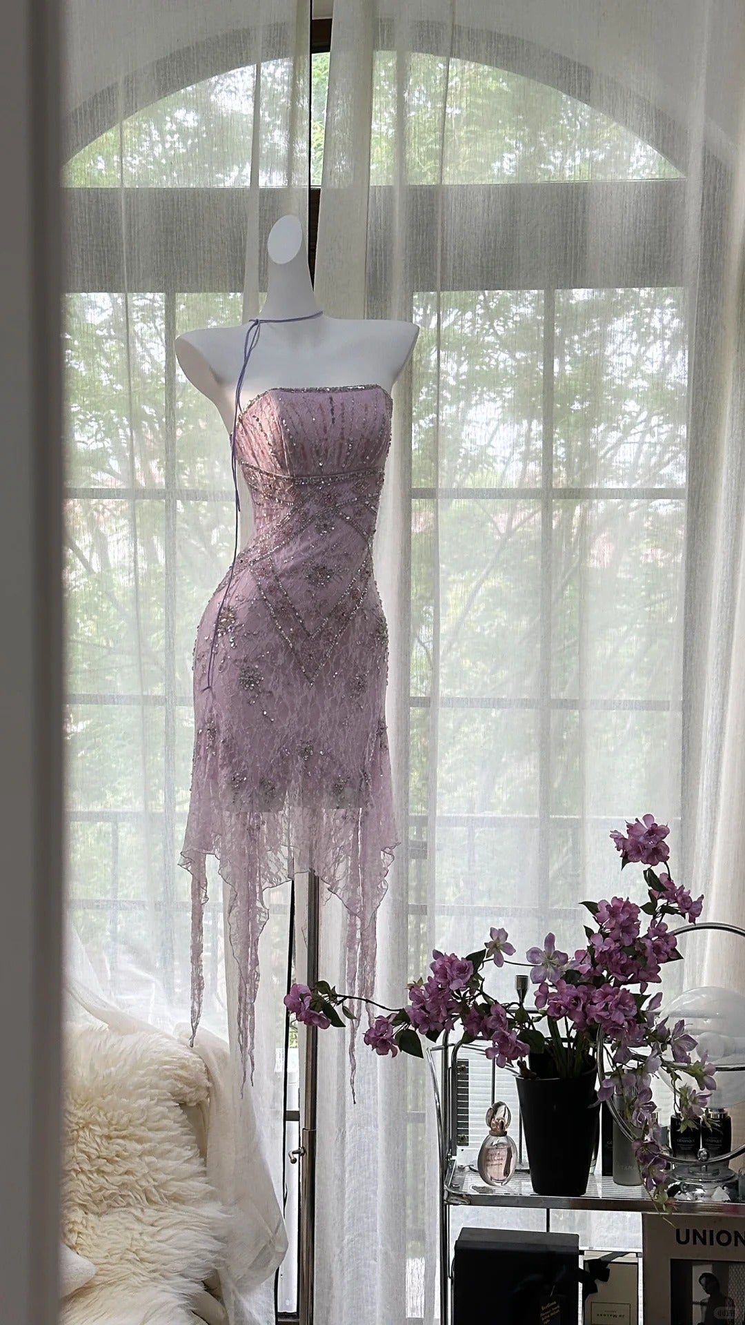 Sexy Purple Lace Tube Top Beaded Earrings Curled Skirt Prom Dresses