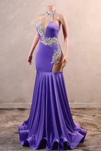 Sexy Purple Mermaid Prom Dresses Heavily Beading Women Evening Dresses Halter Neck