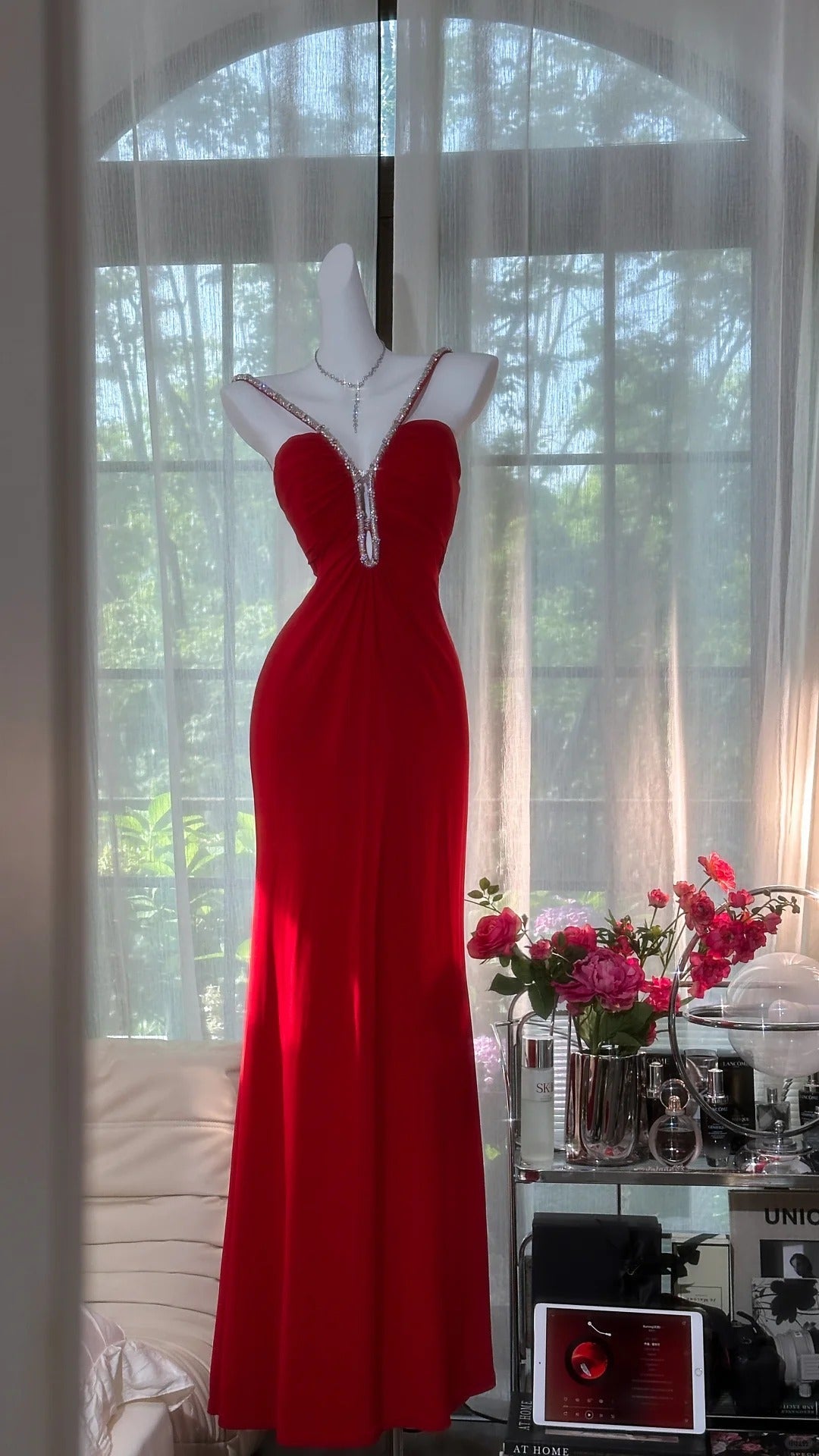 Sexy Red Halter Neck Beaded Backless Chiffon Prom Dresses