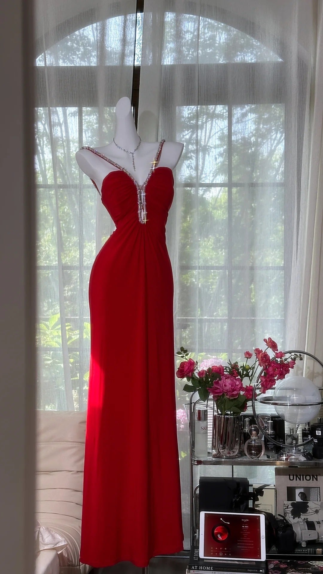 Sexy Red Halter Neck Beaded Backless Chiffon Prom Dresses