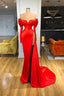 Sexy Red Long Sleeves Mermaid Prom Dresses Off The Shoulder With Slit
