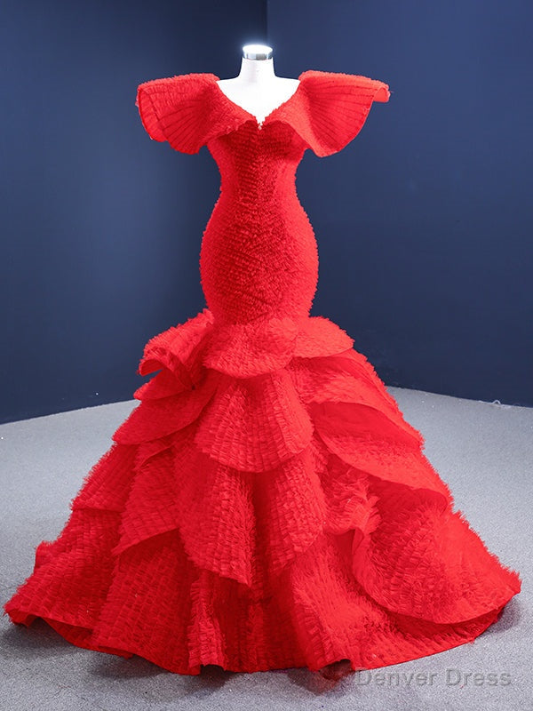Sexy Red Mermaid Tulle V Neck Tiers Prom Dresses
