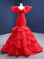 Sexy Red Mermaid Tulle V Neck Tiers Prom Dresses
