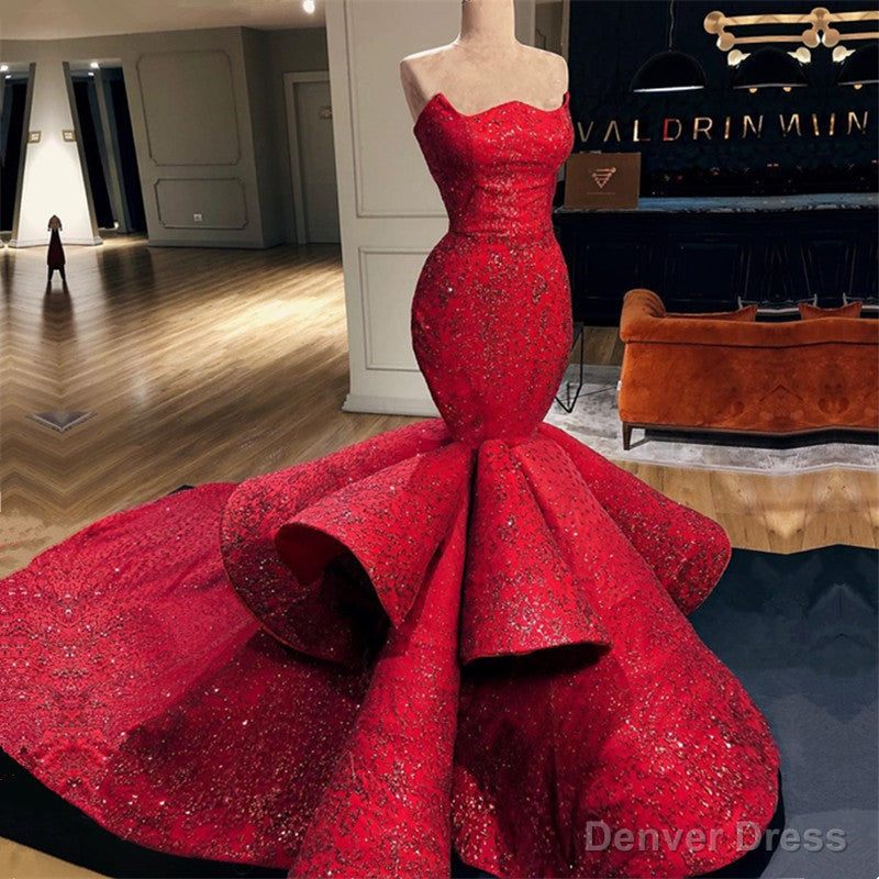 Sexy Red Strapless Mermaid Prom Dress Sequins Long Secondary image
