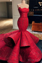Sexy Red Strapless Mermaid Prom Dresses Sequins Long