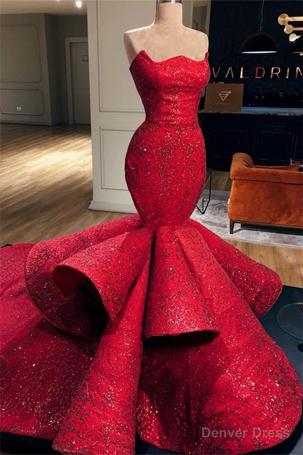 Sexy Red Strapless Mermaid Prom Dresses Sequins Long