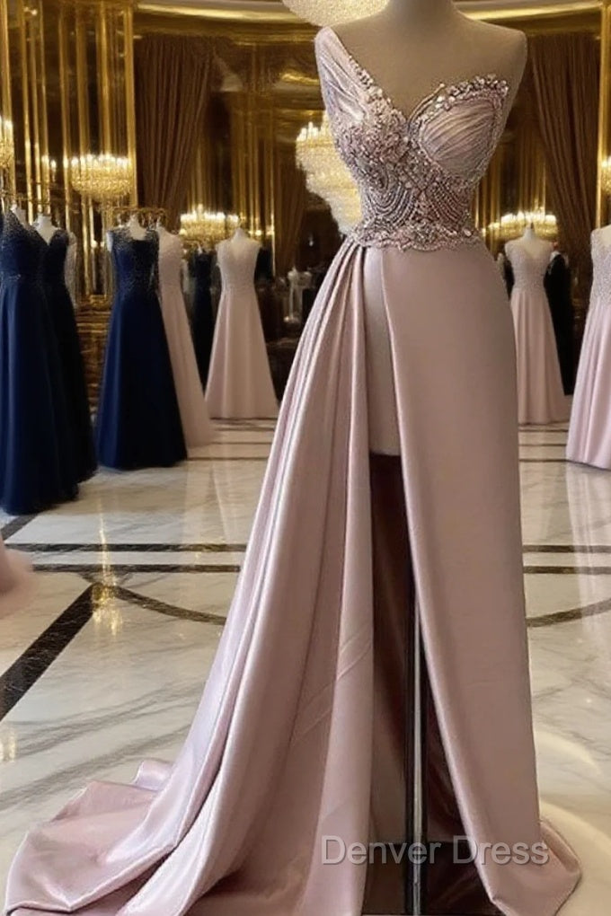 Sexy Robe De Soiree A-Line One-Shoulder Floor Length Beaded Slit Long Prom Dresses Prom Gown Evening Dresses