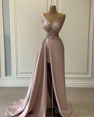 Sexy Robe De Soiree A-Line One-Shoulder Floor Length Beaded Slit Long Prom Dresses Prom Gown Evening Dresses