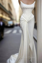 Sexy Robe De Soiree Mermaid Scoop Floor Length Satin Slit Long Prom Dresses Prom Gown Evening Dresses