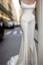 Sexy Robe De Soiree Mermaid Scoop Floor Length Satin Slit Long Prom Dress Prom Gowns Prom Dresses