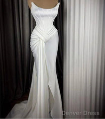 Sexy Robe De Soiree Mermaid Scoop Floor Length Satin Slit Long Prom Dresses Prom Gown Evening Dresses