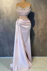 Sexy Satin Fitted V-Neck Strapless Illusion Empire Beaded Pleats With Side Slit Party Prom Evening Dresses