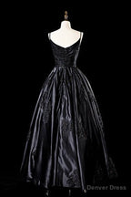 Sexy Satin Spaghetti Strap Black Wedding Gowns A Line Prom Dress
