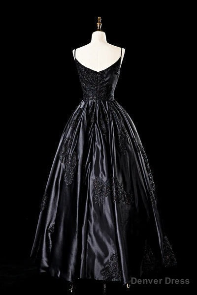 Sexy Satin Spaghetti Strap Black Wedding Gowns A Line Prom Dress