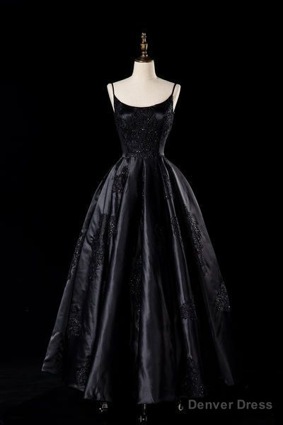 Sexy Satin Spaghetti Strap Black Wedding Gowns A Line Prom Dress