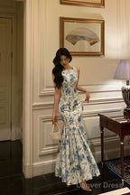 Sexy Sheath Boat Sleeveless Blue Floral Ruffle Long Prom Dresses Birthday Outfits