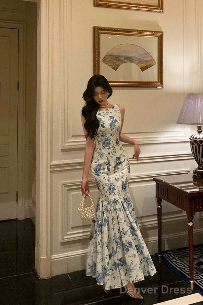 Sexy Sheath Boat Sleeveless Blue Floral Ruffle Long Prom Dresses Birthday Outfits