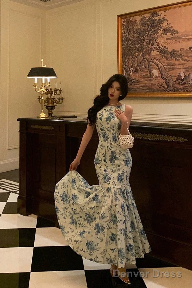 Sexy Sheath Boat Sleeveless Blue Floral Ruffle Long Prom Dresses Birthday Outfits