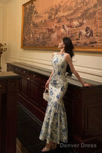 Sexy Sheath Boat Sleeveless Blue Floral Ruffle Long Prom Dresses Birthday Outfits