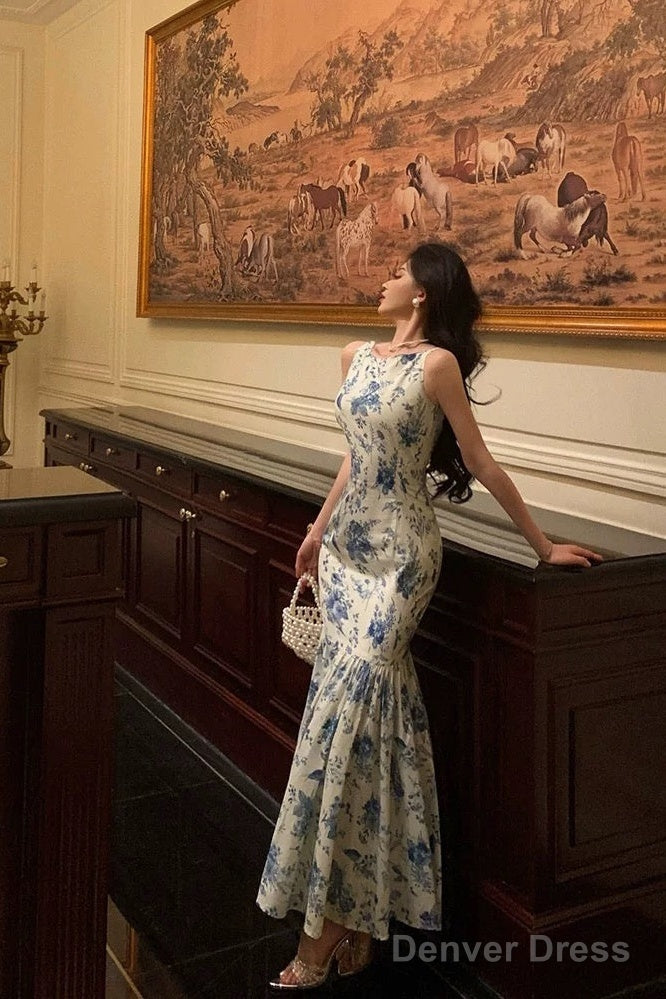 Sexy Sheath Boat Sleeveless Blue Floral Ruffle Long Prom Dresses Birthday Outfits