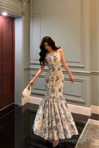 Sexy Sheath Boat Sleeveless Blue Floral Ruffle Long Prom Dresses Birthday Outfits