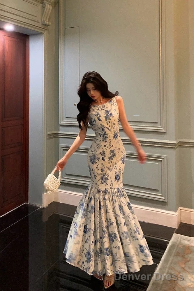 Sexy Sheath Boat Sleeveless Blue Floral Ruffle Long Prom Dresses Birthday Outfits