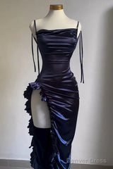 Sexy Sheath Column Spaghetti Straps Navy Blue Backless Satin Prom Dress