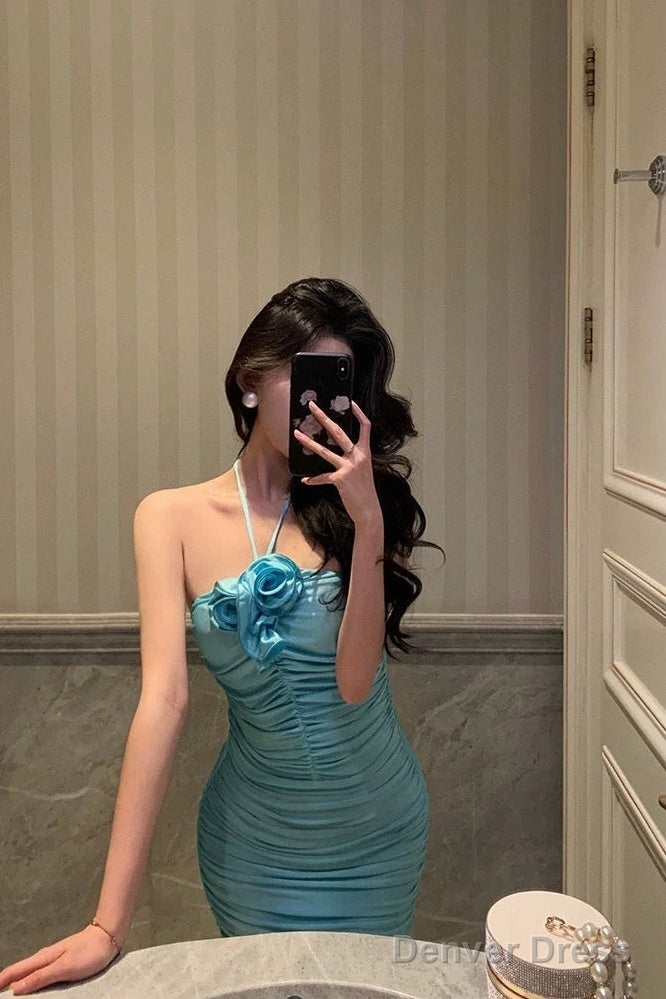 Sexy Sheath Halter Blue Fold Long Prom Dresses Birthday Outfits Secondary image