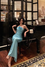 Sexy Sheath Halter Blue Fold Long Prom Dresses Birthday Outfits