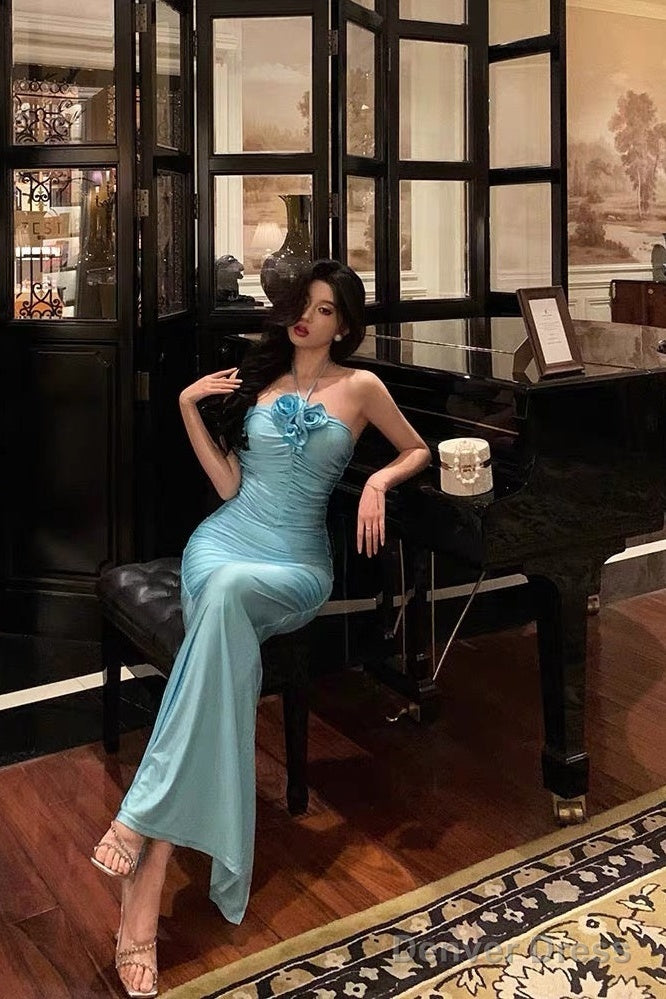 Sexy Sheath Halter Blue Fold Long Prom Dresses Birthday Outfits