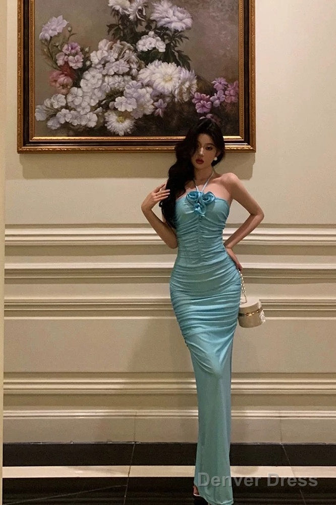 Sexy Sheath Halter Blue Fold Long Prom Dresses Birthday Outfits Main image