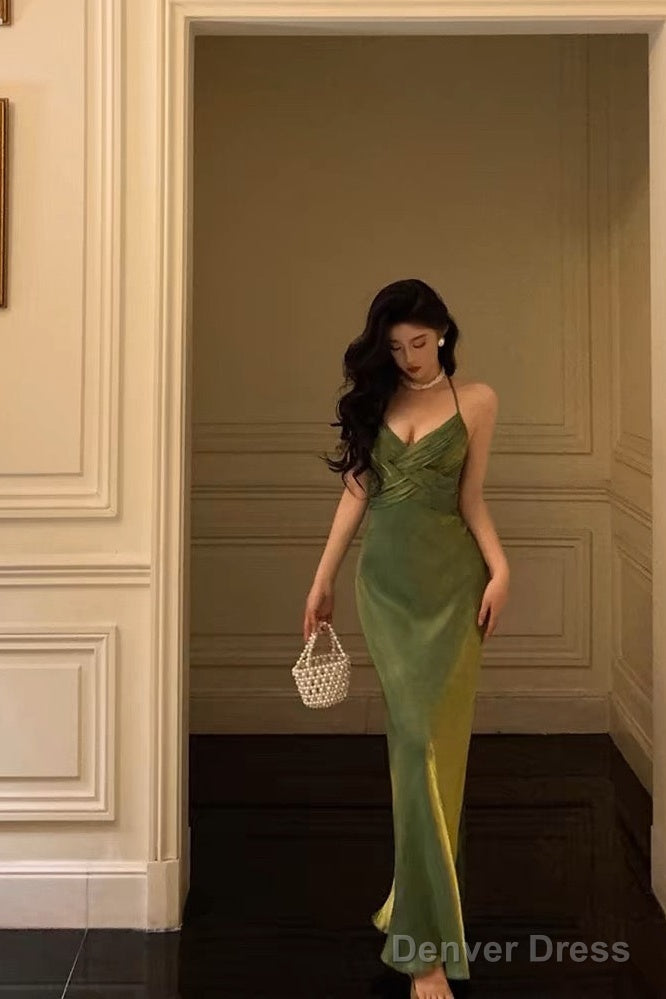 Sexy Sheath Halter Green Satin Date Night Dress Prom Dresses Birthday Outfits