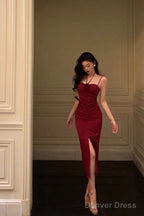 Sexy Sheath Halter Red Ankle Length Slit Prom Dress Birthday Dresses