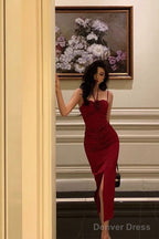 Sexy Sheath Halter Red Ankle Length Slit Prom Dress Birthday Dresses