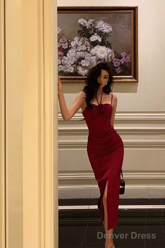Sexy Sheath Halter Red Ankle Length Slit Prom Dress Birthday Dresses