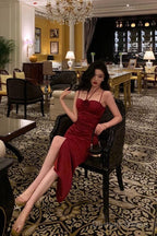 Sexy Sheath Halter Red Ankle Length Slit Prom Dress Birthday Dresses