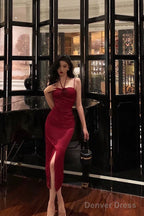 Sexy Sheath Halter Red Ankle Length Slit Prom Dress Birthday Dresses