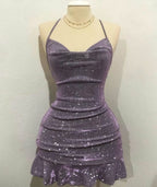 Sexy Sheath Halter Sequin Tight Grape Prom Homecoming Dress 8Th Grad Dance Graduation Dress Short Birthday Outfits Hoco Dresses