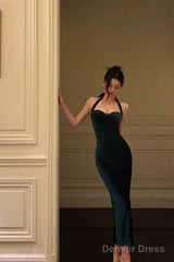 Sexy Sheath Halter Velvet Green Knee Length Prom Dresses Birthday Outfits