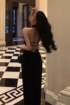 Sexy Sheath High Neckline Backless Black Prom Dresses Birthday Outfits