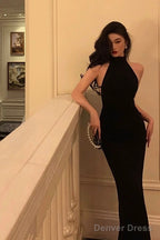 Sexy Sheath High Neckline Backless Black Prom Dresses Birthday Outfits