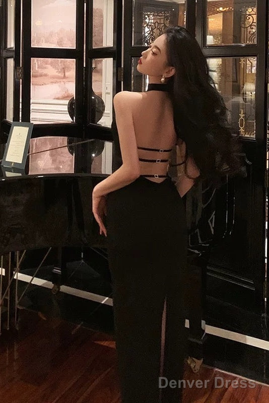Sexy Sheath High Neckline Backless Black Prom Dresses Birthday Outfits
