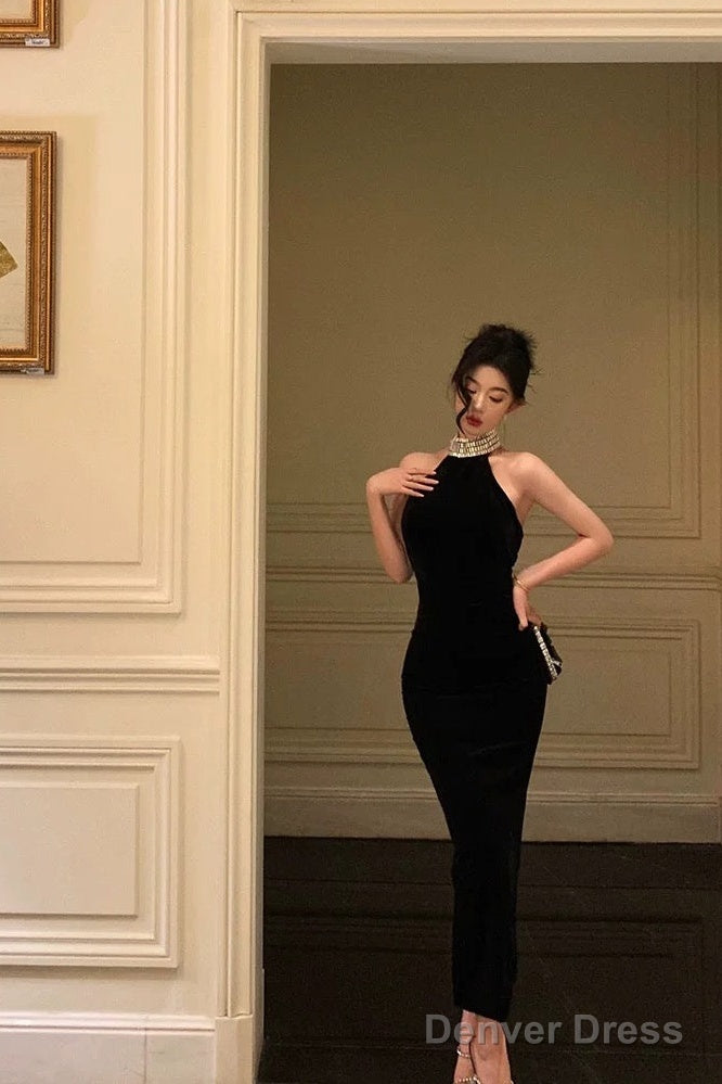 Sexy Sheath High Neckline Black Beads Ankle Length Prom Dresses Birthday Dress