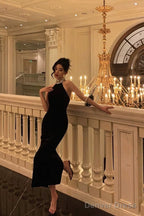 Sexy Sheath High Neckline Black Beads Ankle Length Prom Dresses Birthday Dress