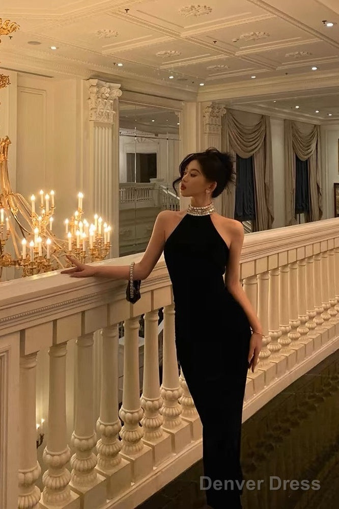 Sexy Sheath High Neckline Black Beads Ankle Length Prom Dress Birthday Dresses