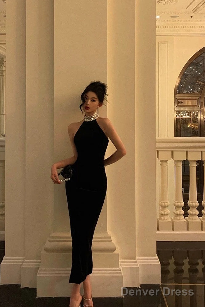 Sexy Sheath High Neckline Black Beads Ankle Length Prom Dresses Birthday Dress