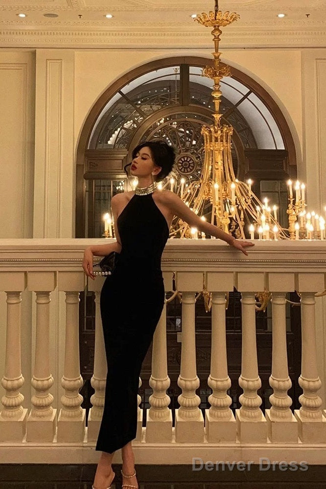 Sexy Sheath High Neckline Black Beads Ankle Length Prom Dresses Birthday Dress