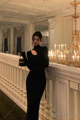 Sexy Sheath High Neckline Black Long Sleeves Prom Dresses Birthday Outfits