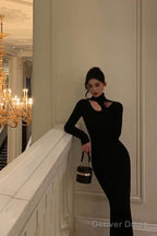 Sexy Sheath High Neckline Black Long Sleeves Prom Dresses Birthday Outfits